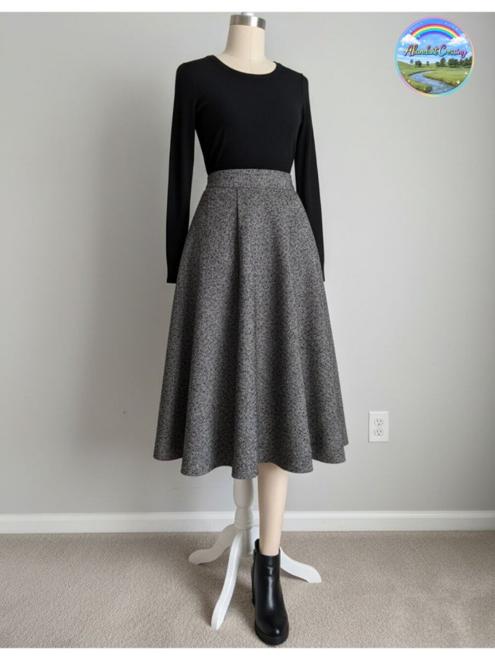 Wool Blend Midi Skirt High Elastic Waist A-Line Flared Winter